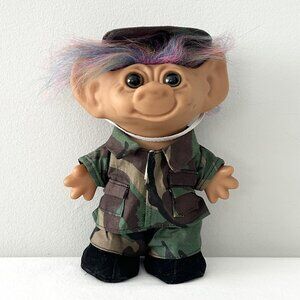 Vtg Army Military TROLL Doll Rainbow Hair Camo Shirt Pants Hat Shoes 8” Uneeda